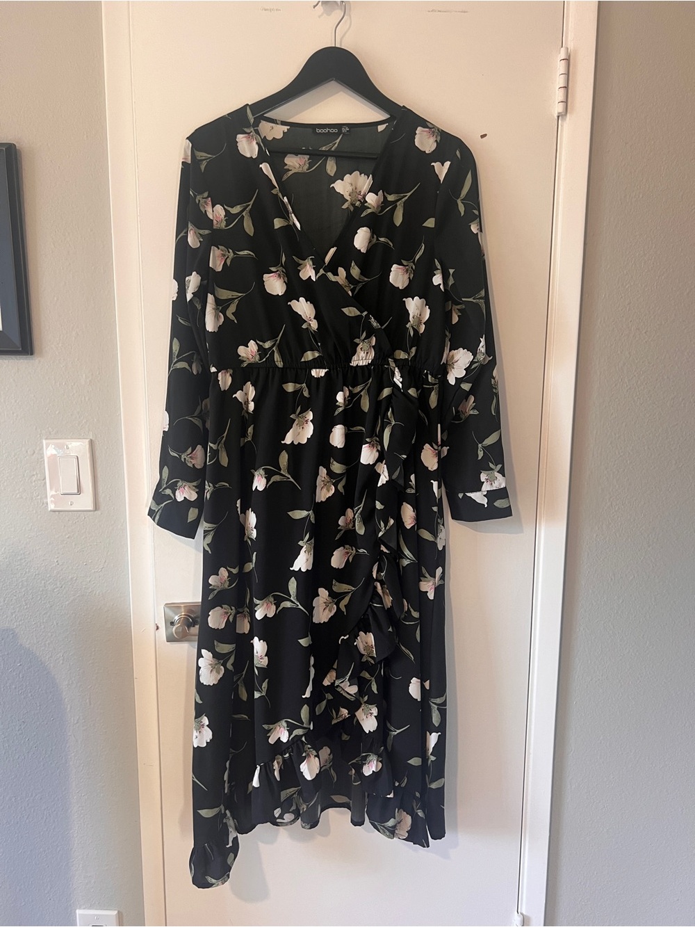 Boohoo Black Floral Dress with ruffles